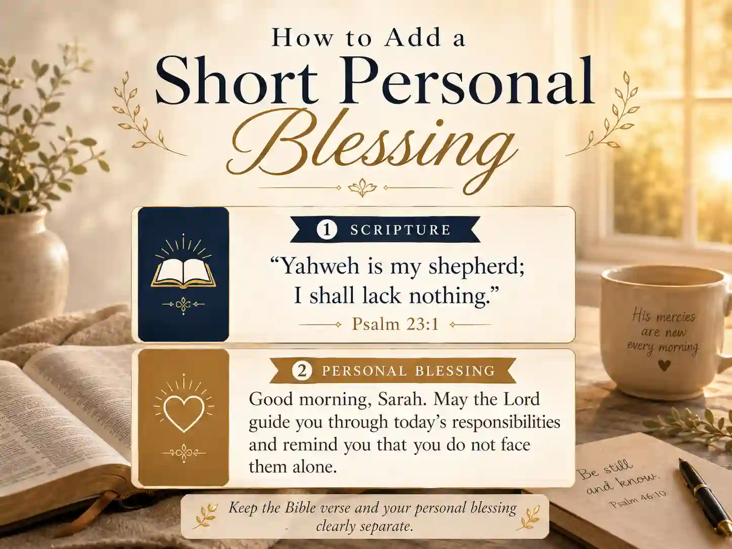 Example graphic showing a Bible verse and a separate personal morning blessing for personalization guidance