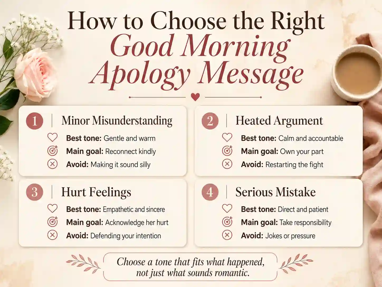 Guide showing how to choose the right good morning apology message based on the situation
