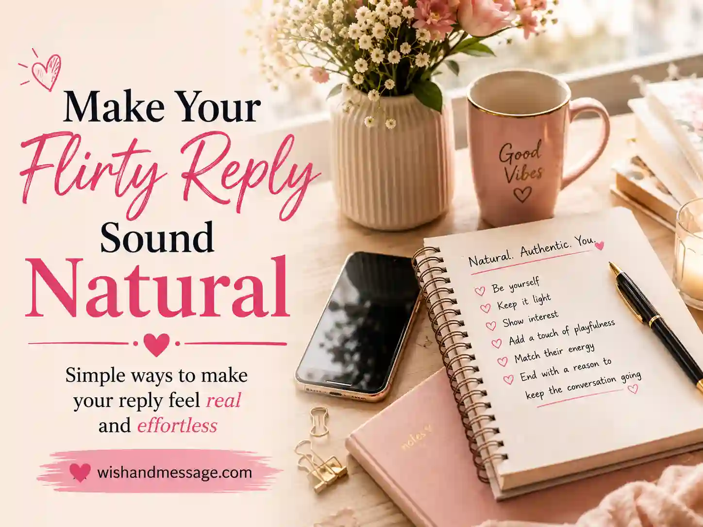 Clean writing setup with phone and notebook for making a flirty reply sound natural