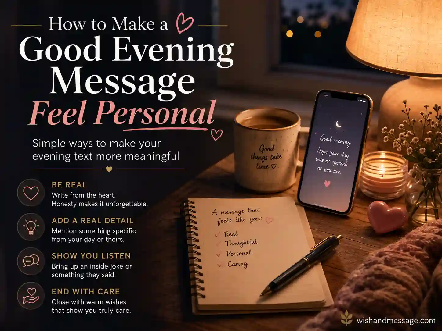 How to make a good evening message feel personal image with phone, notebook, and message writing tips in a cozy evening setting