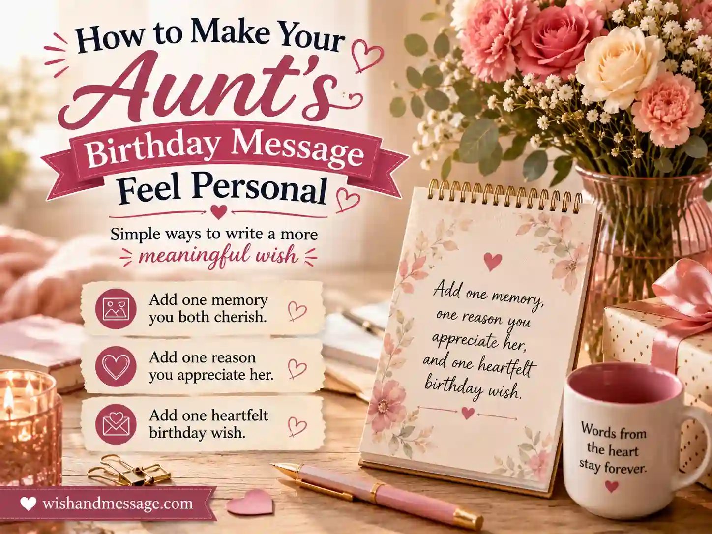 Personalized birthday message image for aunt with handwritten card, pen, and thoughtful birthday note setup.