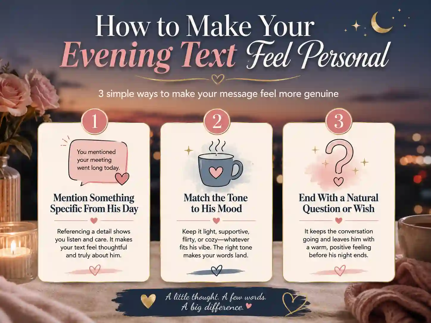 Infographic showing how to make your evening text feel personal for him
