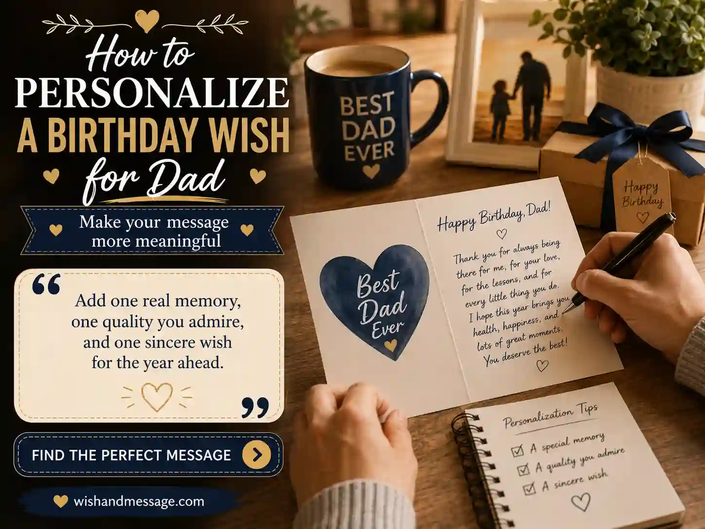 Person writing a personalized birthday card for Dad with message-writing overlay text