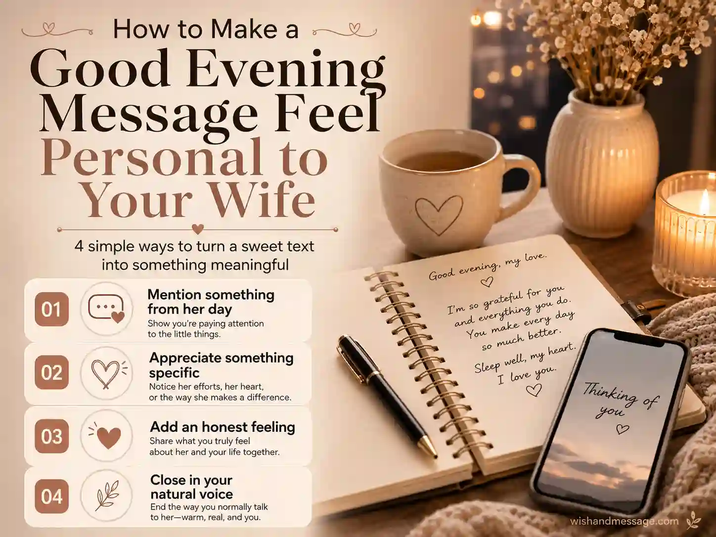 Four-step guide image for personalizing a good evening message for your wife