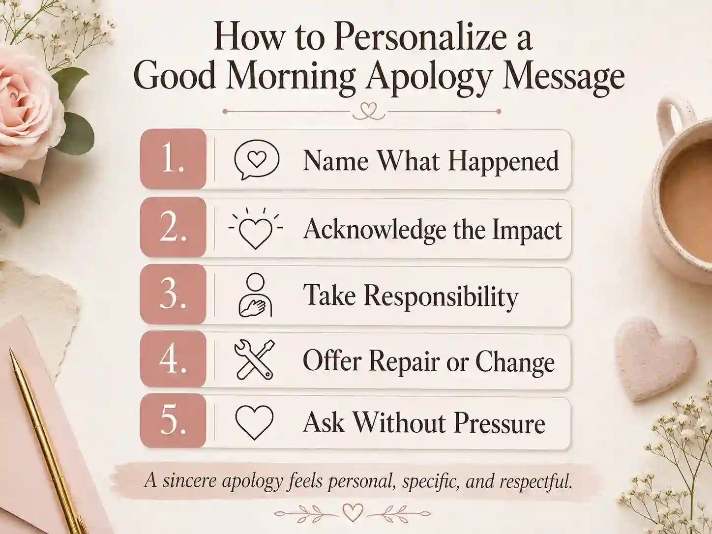 Five-step framework for personalizing a sincere good morning apology message