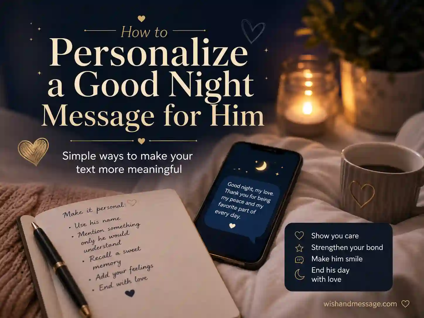 Cozy writing and texting scene for personalizing a good night message for him
