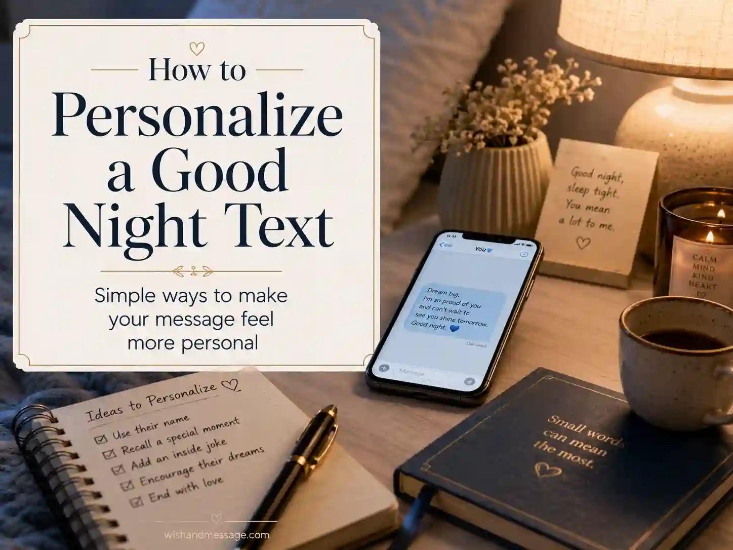 Personalized good night text being written on a phone beside a notebook and lamp