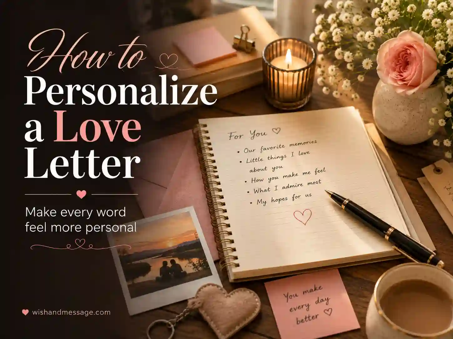 Notebook, pen, personal photo, and handwritten letter arranged on a neat writing desk