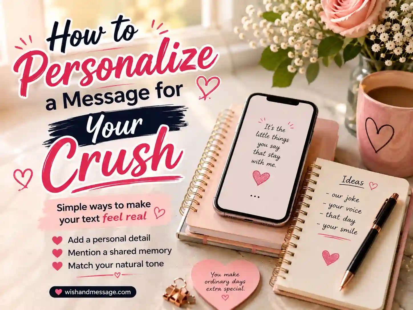 Smartphone, notebook, and pen in a neat writing setup for personalizing a message for a crush