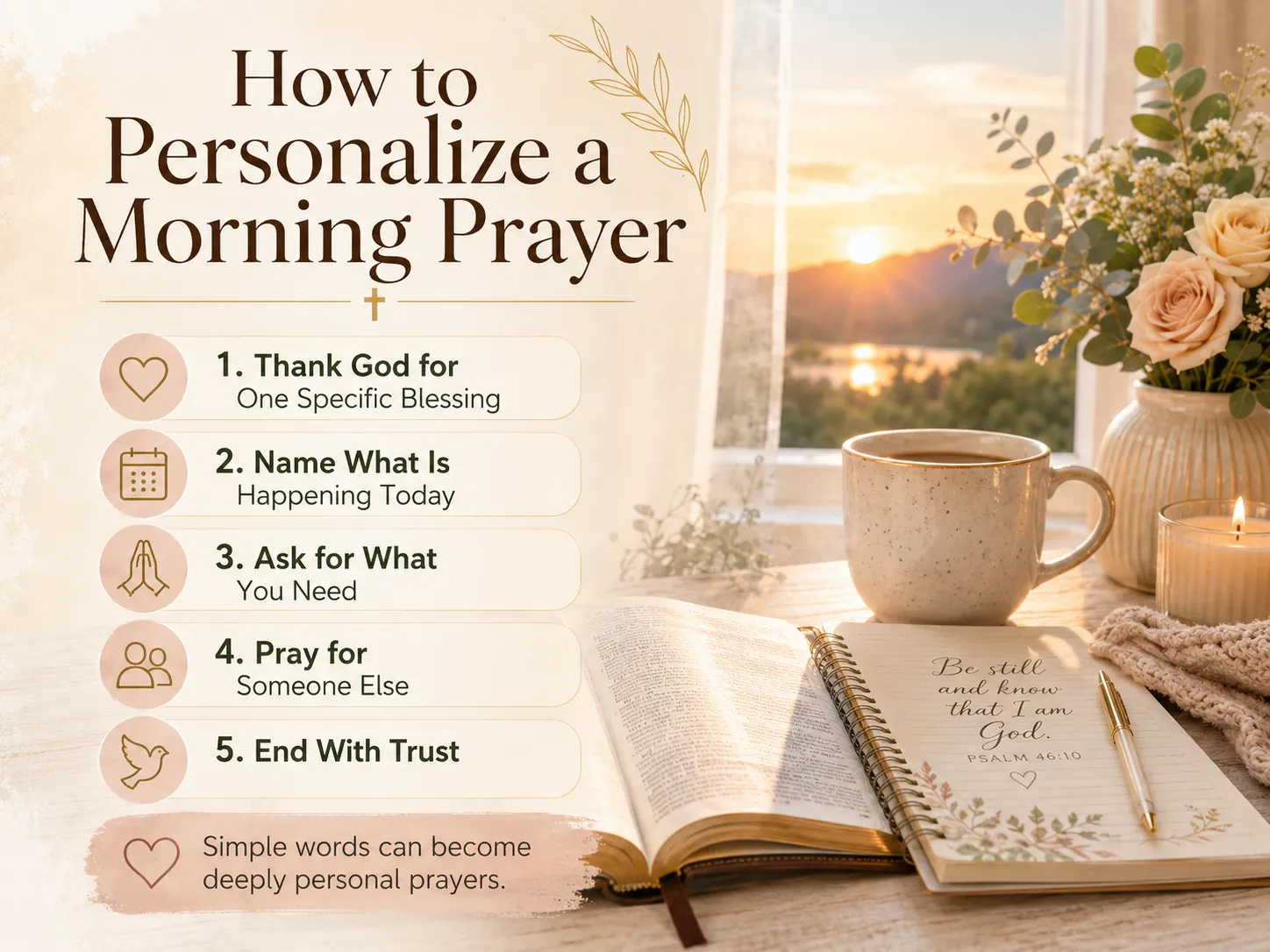 Christian instructional graphic showing five steps to personalize a morning prayer