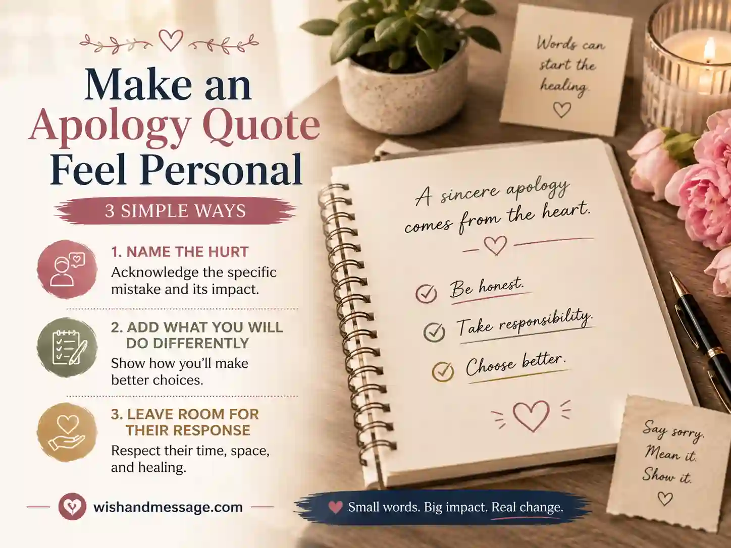 Notebook with apology-writing tips showing how to personalize an apology quote