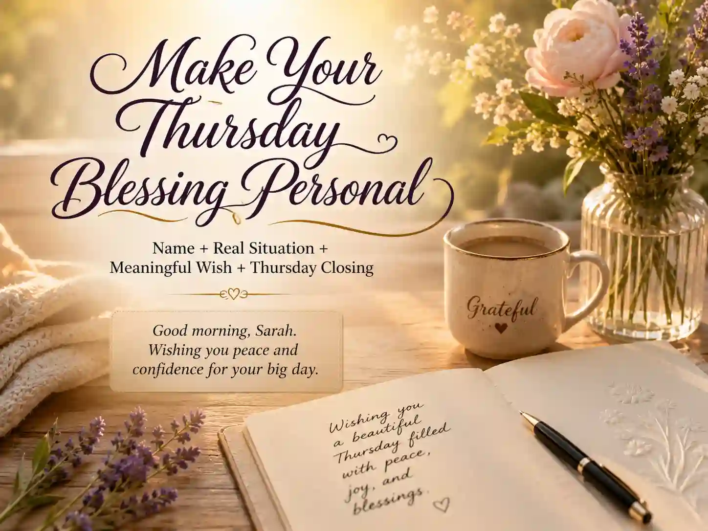 Journal, coffee, and flowers showing how to personalize a Thursday morning blessing with a name and meaningful wish.