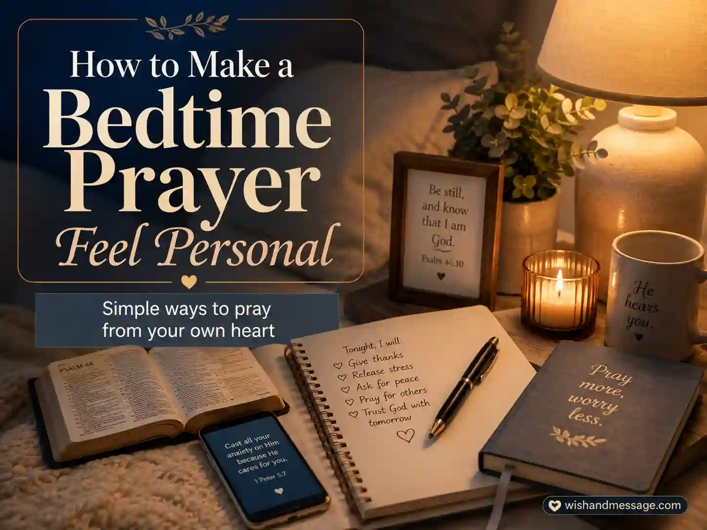 Journal, pen, phone, and Bible in a soft nighttime setting illustrating how to make a bedtime prayer feel personal