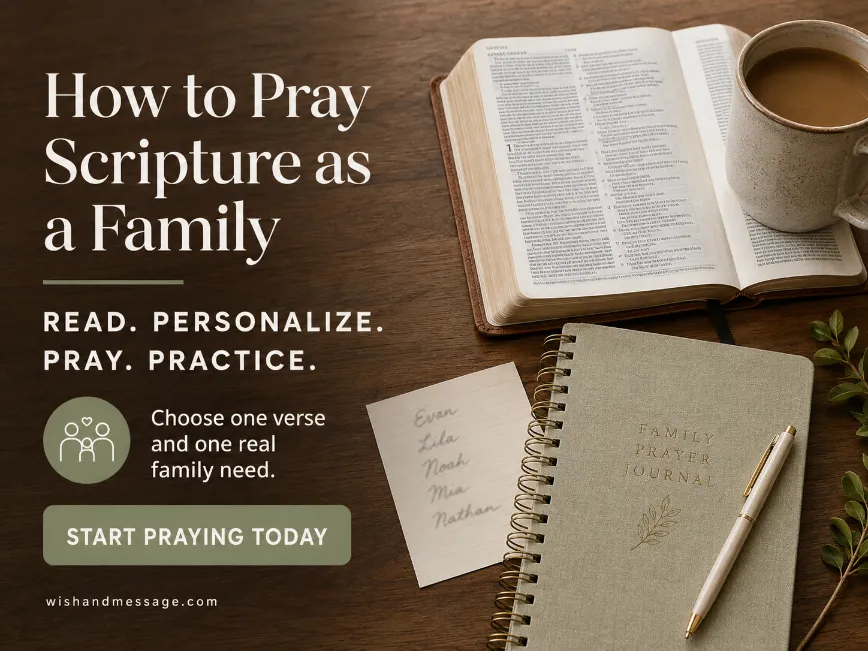 Open Bible, family prayer journal, and handwritten names on a warm wooden table.