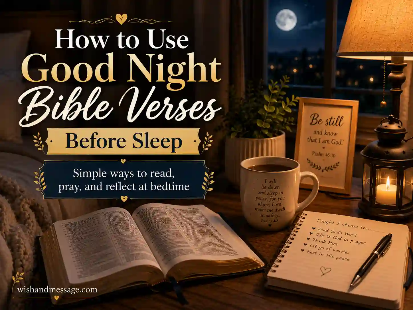 Bible, journal, and bedside lamp arranged for a peaceful bedtime devotional routine