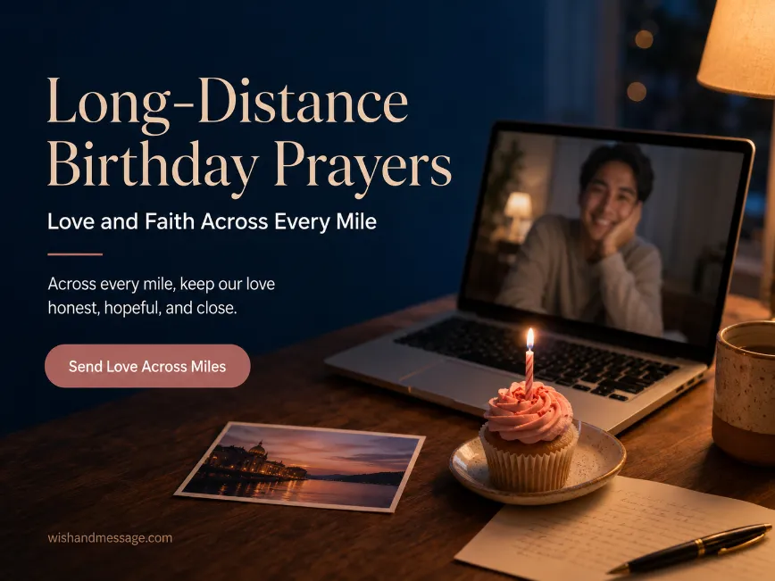 Laptop video call beside a birthday cupcake, travel postcard, candle, and handwritten long-distance prayer note.