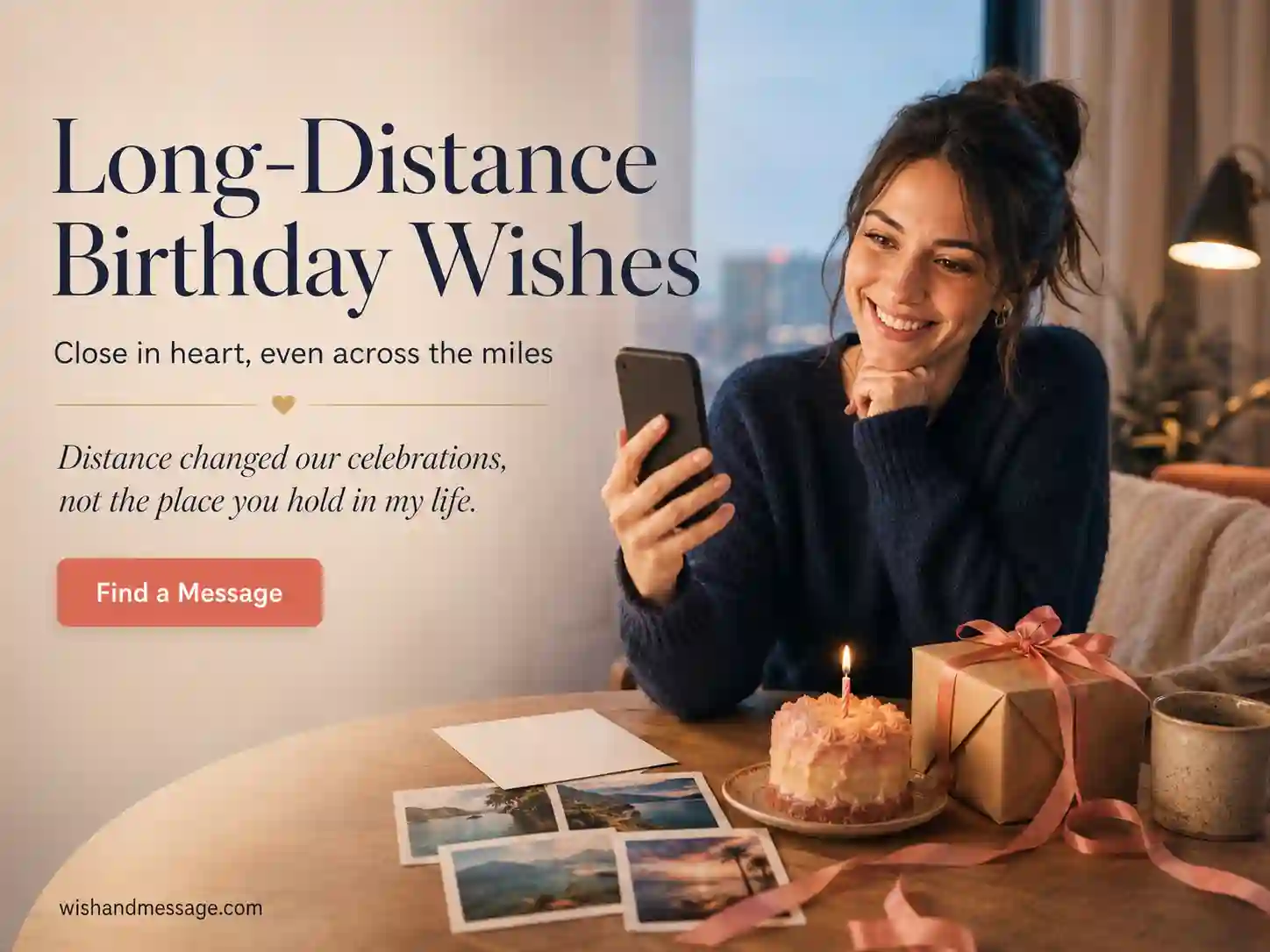 Woman making a long-distance birthday call beside a gift, cake, and travel photos