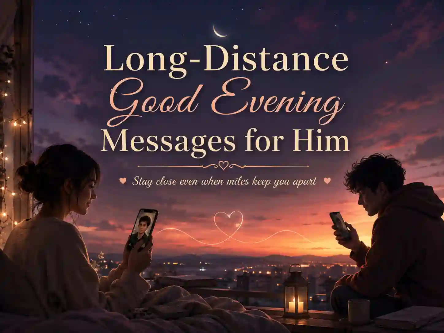 Long-distance evening message image for him with romantic text overlay