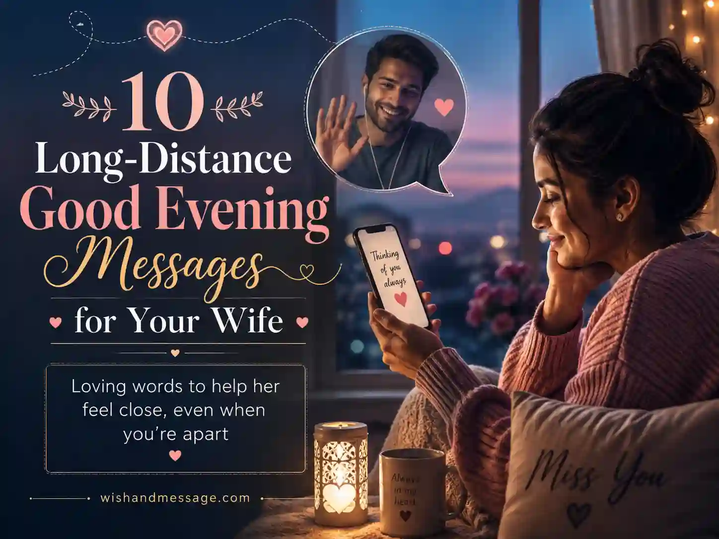 Long-distance good evening message image showing emotional connection between spouses through a phone call