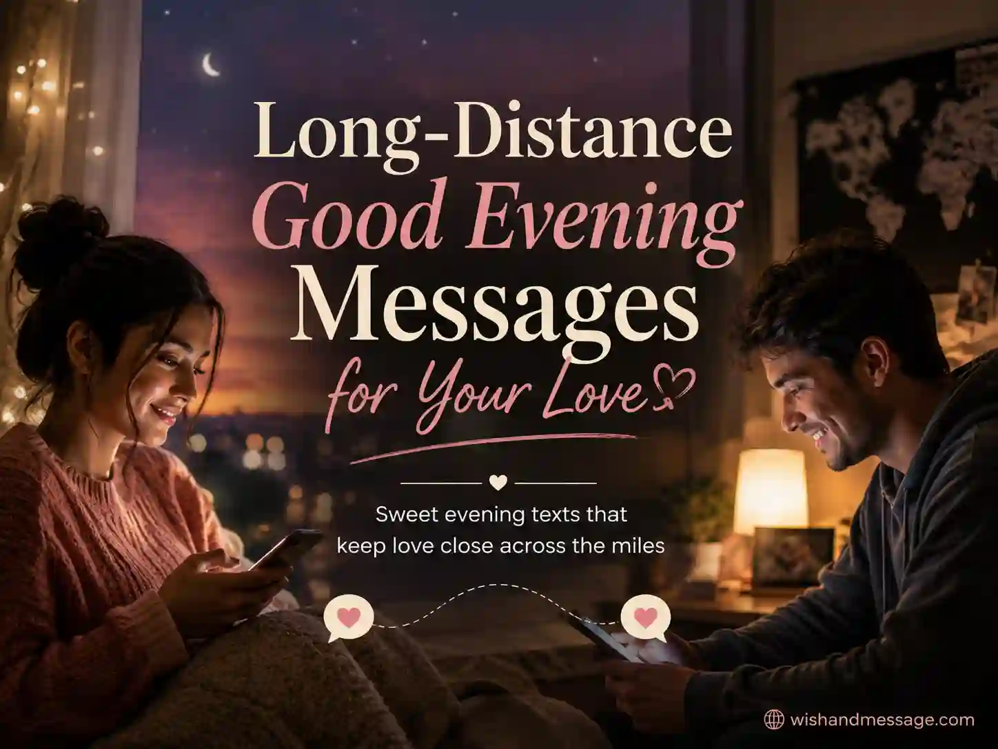 Long-distance good evening messages for your love image showing partners connected through phones in an evening setting