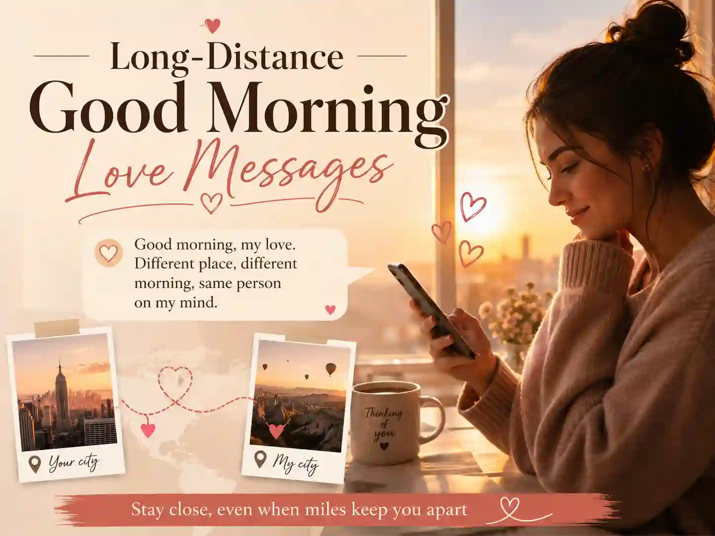 Long-distance good morning love messages graphic showing loving text connection across distance