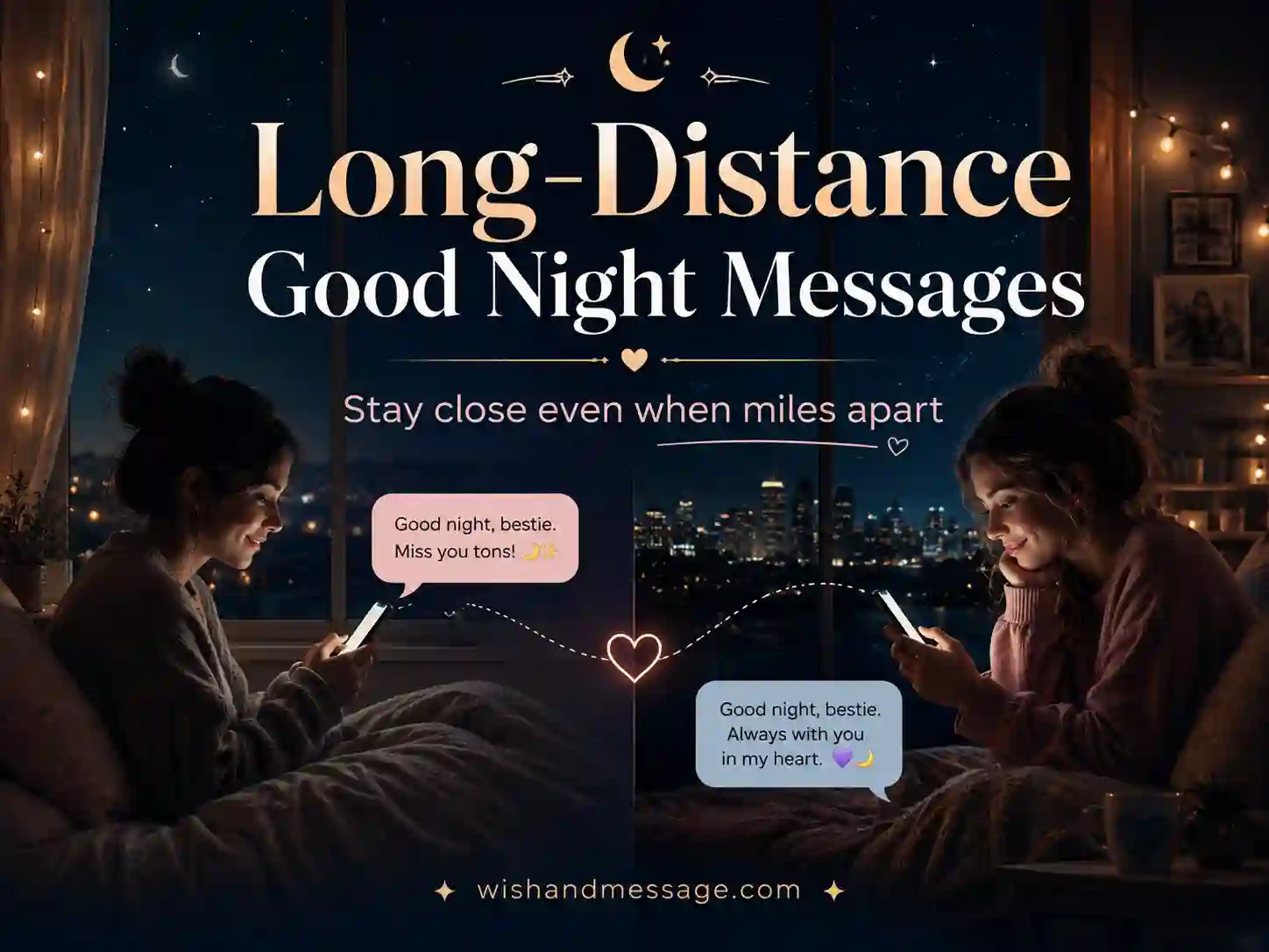 Long-distance good night messages for best friend showing two friends connected by text at night