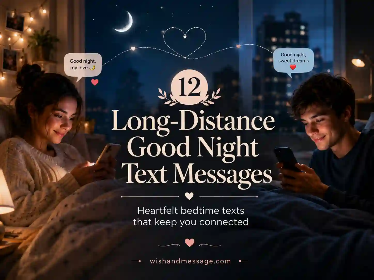 Long-distance good night text messages with two people texting at night from different places