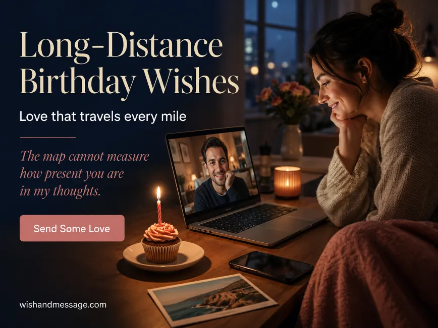Woman video calling her long-distance partner beside a birthday cupcake and romantic message overlay