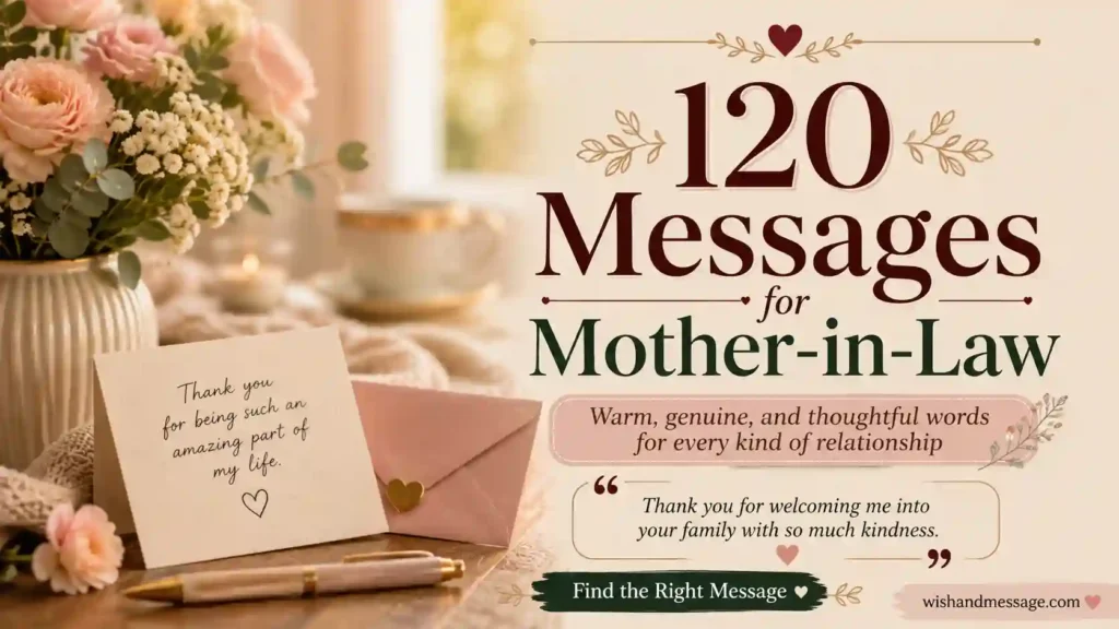 Warm and elegant featured image for messages for mother-in-law article with card, flowers, and thoughtful family theme