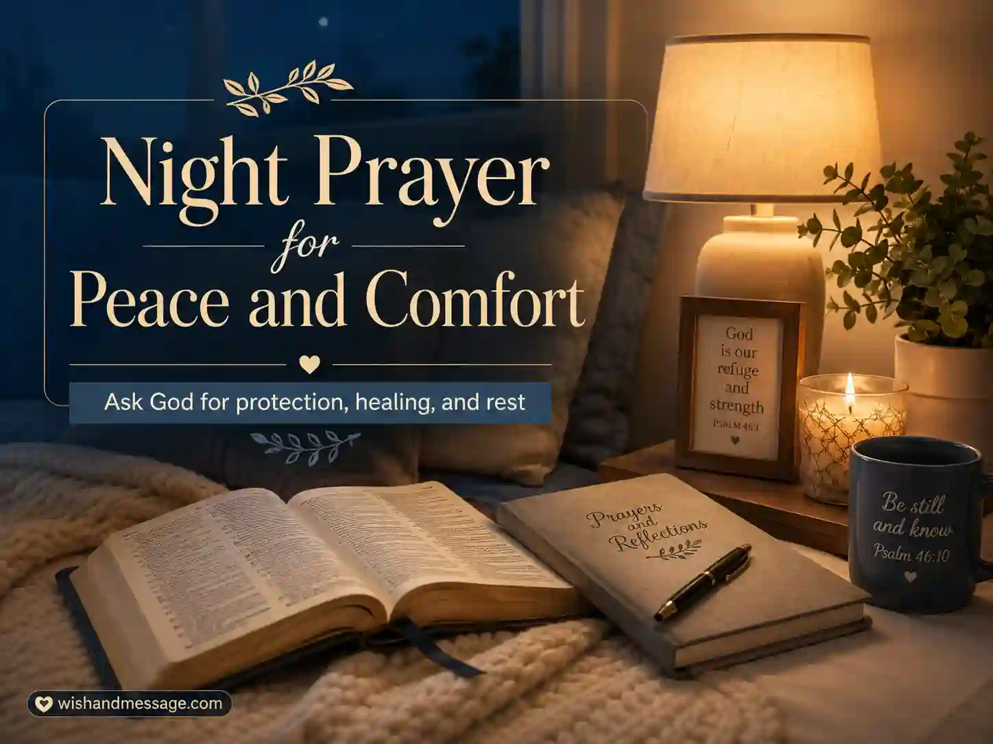 Peaceful nighttime prayer image with soft lighting symbolizing prayer for peace, protection, healing, and family comfort