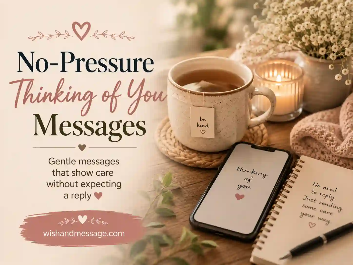 Calm phone and tea setting representing a supportive message with no pressure to reply