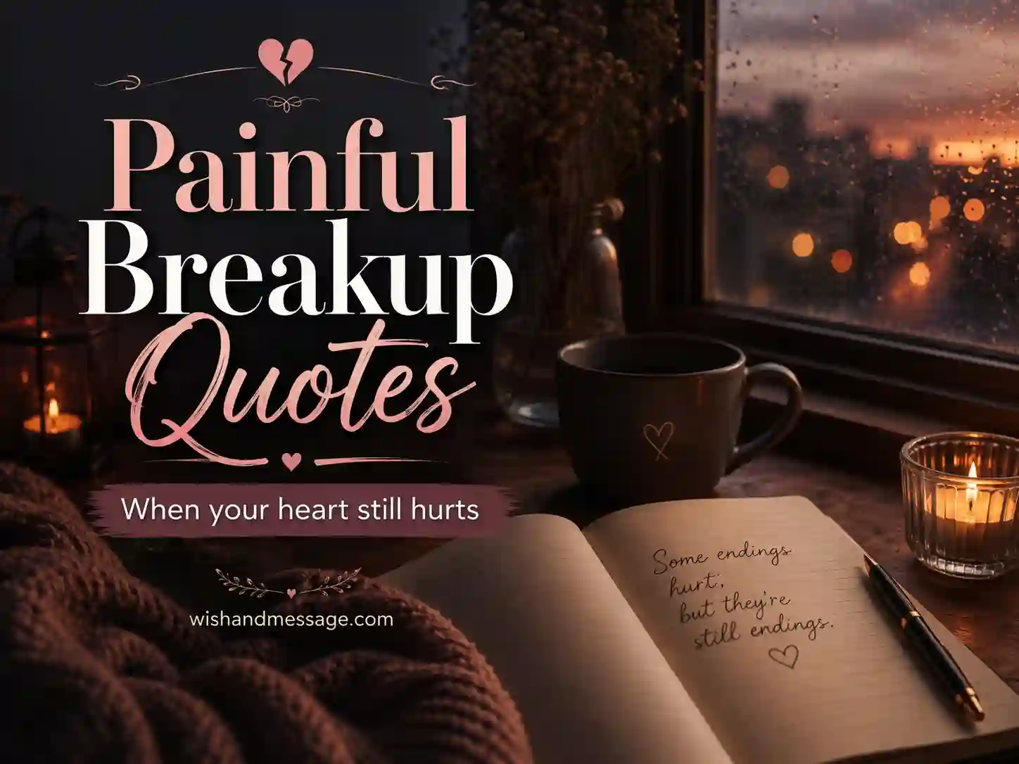 Soft emotional heartbreak scene with journal and overlay text for painful breakup quotes