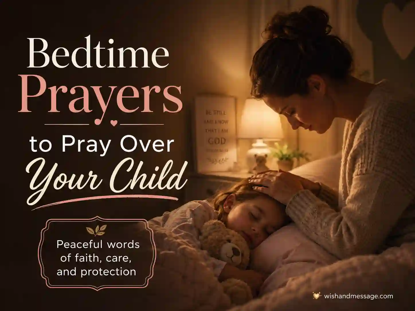 Parent praying over a child at bedtime in a peaceful bedroom setting
