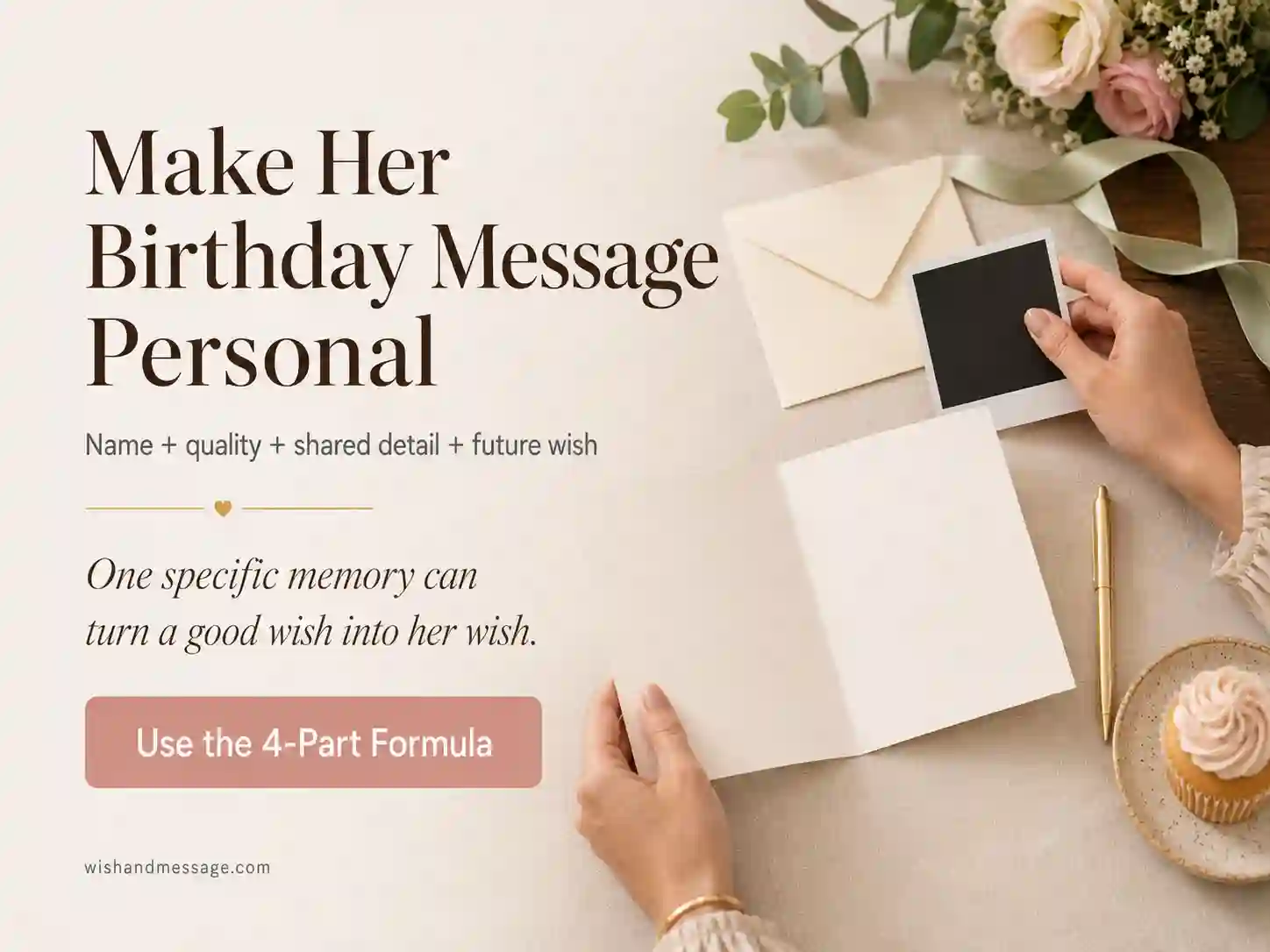 Hands arranging a blank birthday card and photo to personalize a message for a female friend