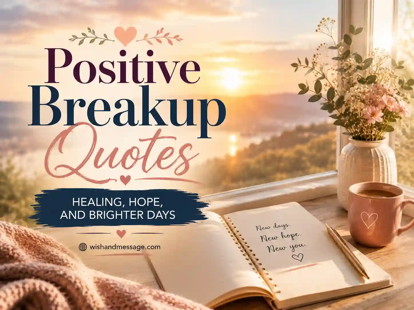 Warm hopeful sunrise scene with overlay text about positive breakup quotes for healing and hope