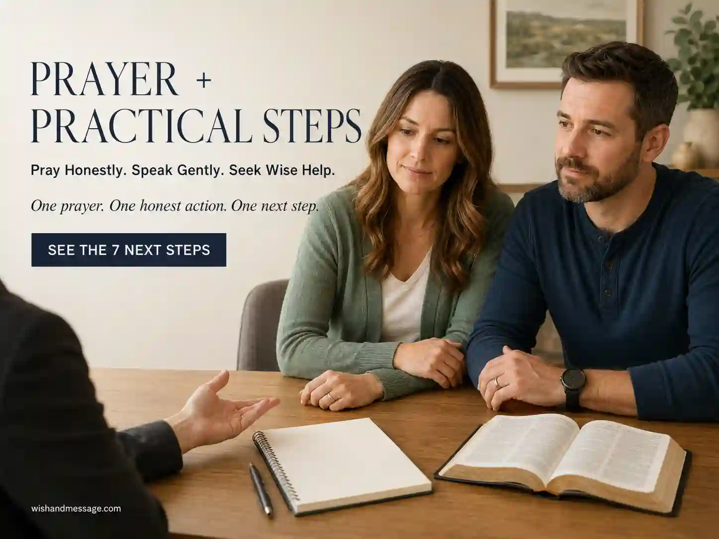 Married couple reviewing a practical marriage repair plan with a counselor beside an open Bible and blank notebook.