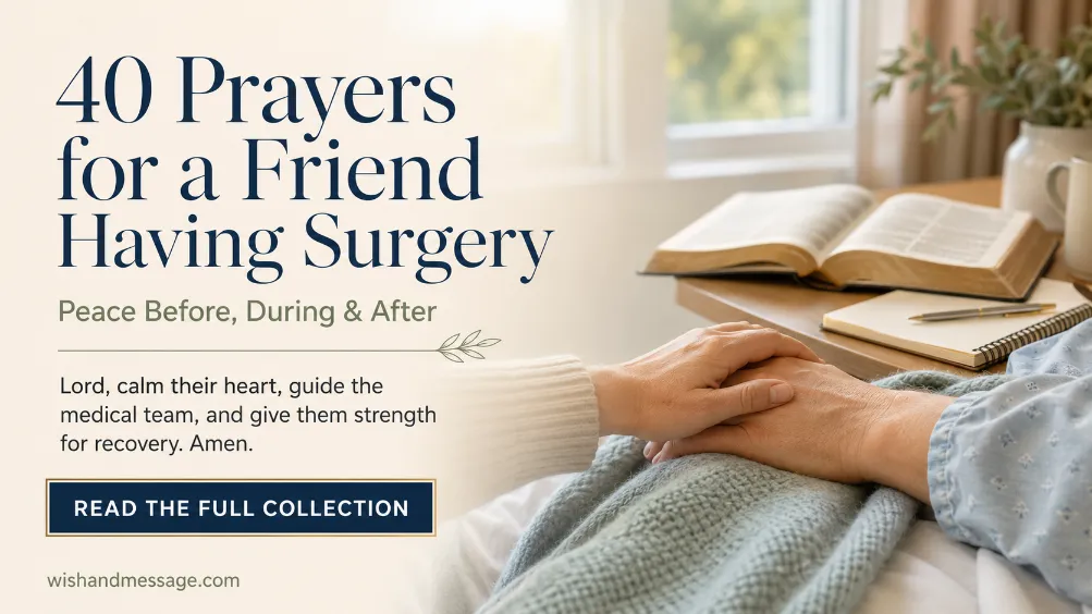 Friend holds a surgery patient’s hand beside an open Bible with a prayer for peace and recovery.