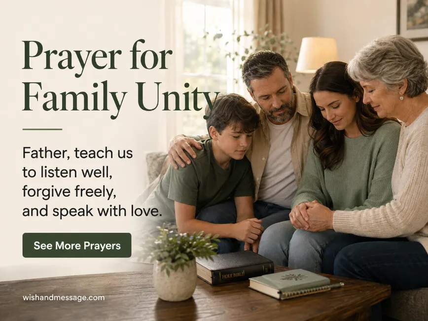Family sharing a calm conversation and prayer together in a warm living room.