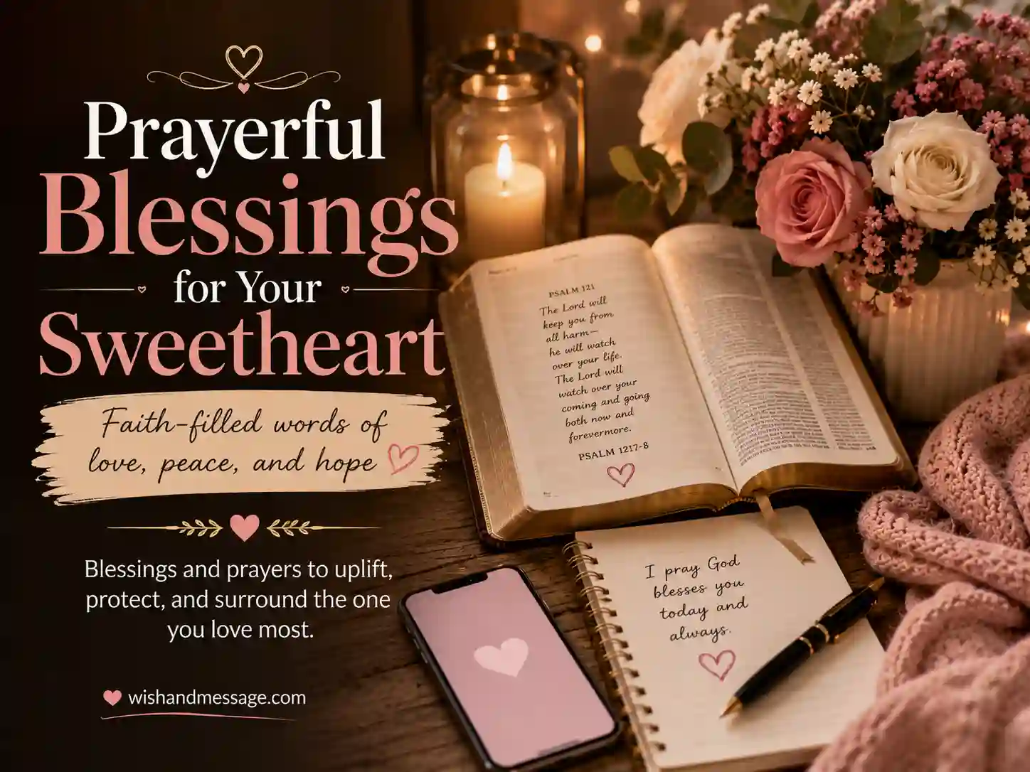 Bible journal flowers and phone arranged for prayerful blessings for a sweetheart