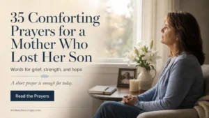 Reflective mother sitting beside a window with white lilies, a candle, journal, and framed photograph