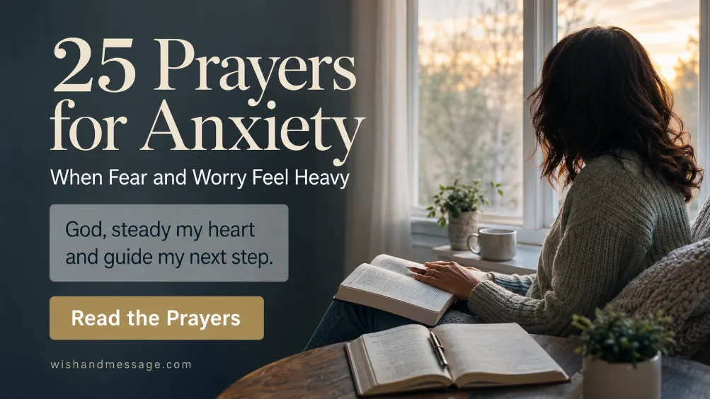Woman praying beside a window with an open Bible and journal beneath the title 25 Prayers for Anxiety.