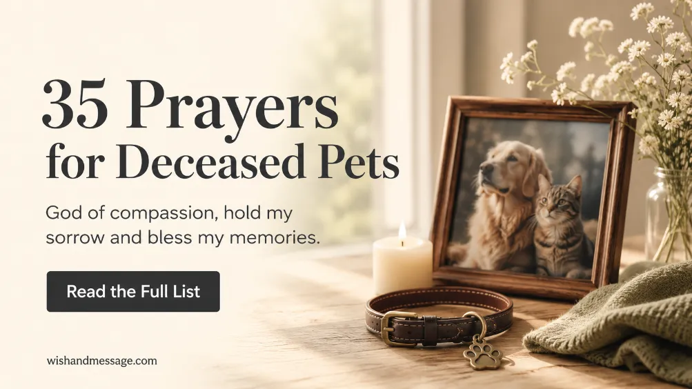 Pet memorial with framed dog and cat photo, collar, candle, and text about 35 prayers for deceased pets.
