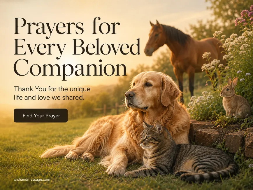 Dog, cat, horse, and rabbit in a warm sunlit meadow with prayers for beloved companion animals.