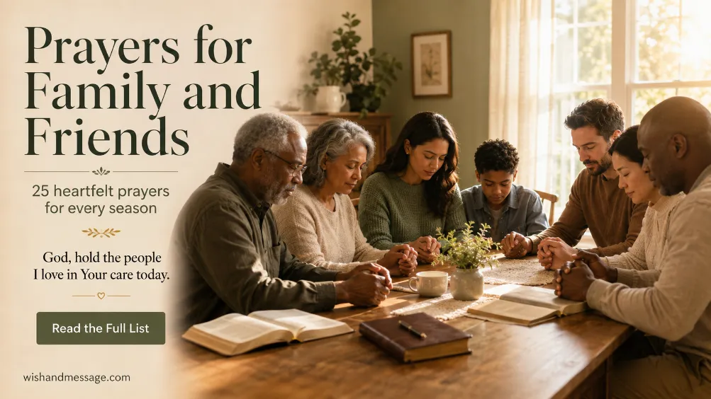 Multigenerational family and close friends sharing a quiet prayer around a warm dining table.