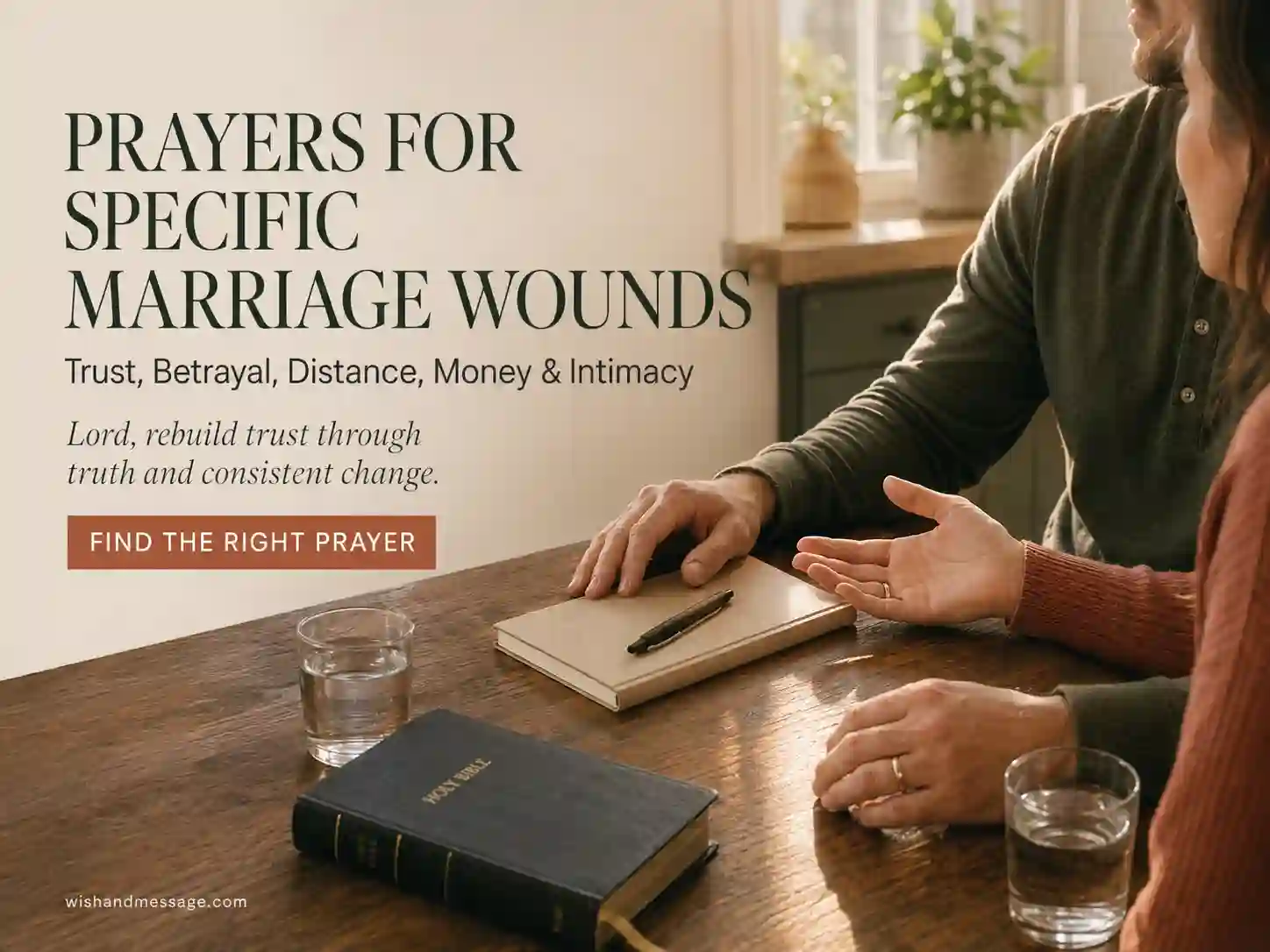 Married couple discussing trust and repair at a table with a Bible, journal, and glasses of water.