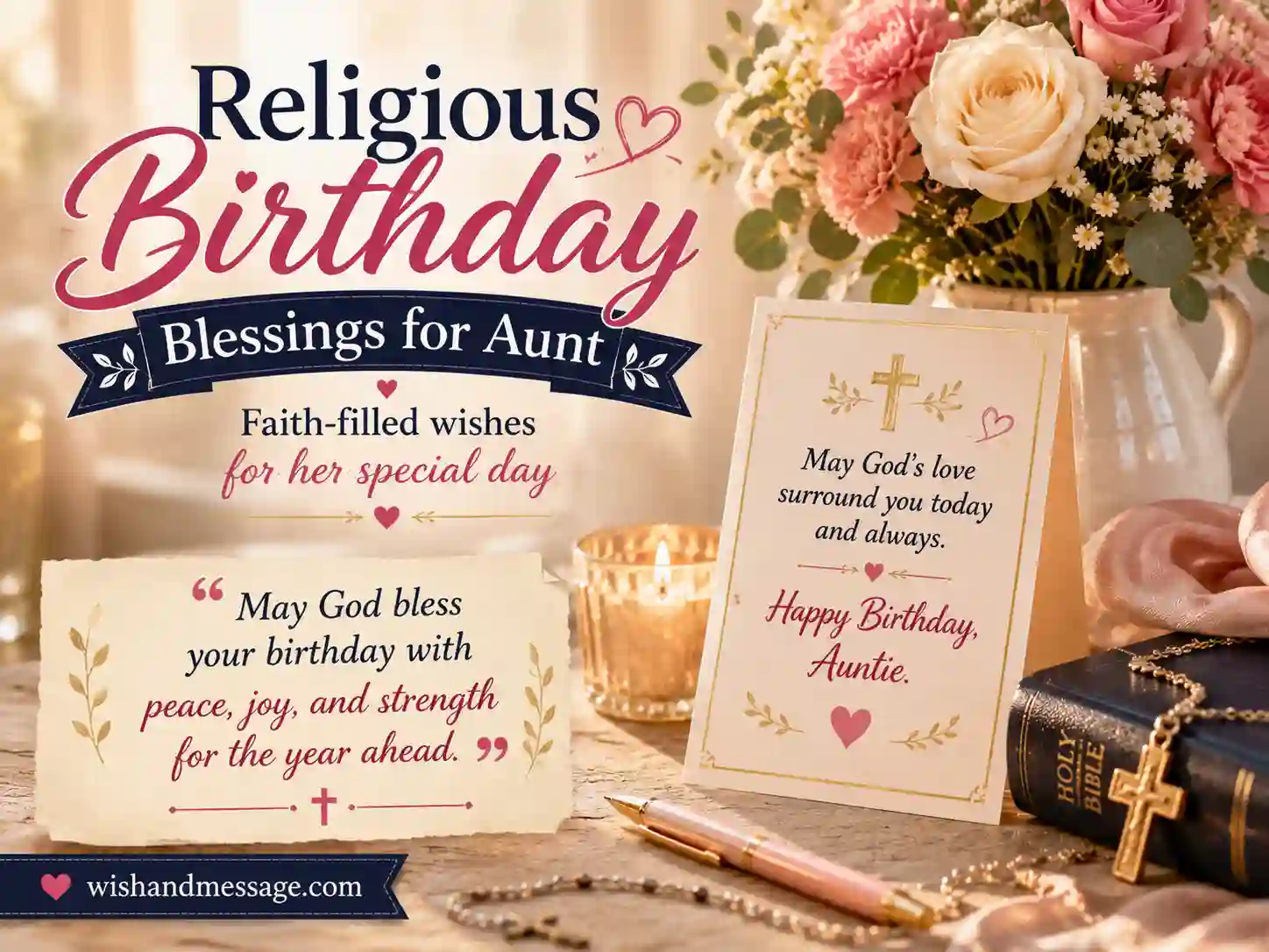 Faith-centered birthday blessings image for aunt with flowers, candlelight, and peaceful spiritual styling.