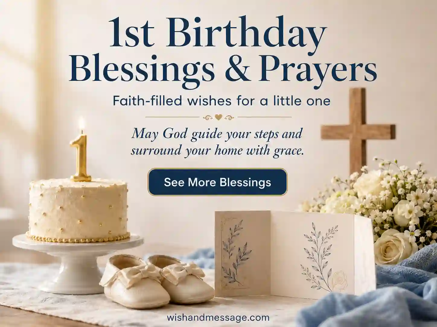 Peaceful first birthday keepsake with a small cake, candle, baby shoes, and open prayer card in warm light.