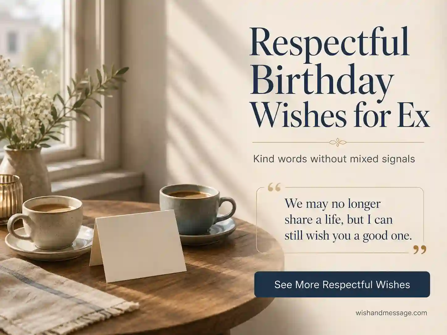 Blank birthday card and separated coffee cups in soft window light with a respectful message for an ex
