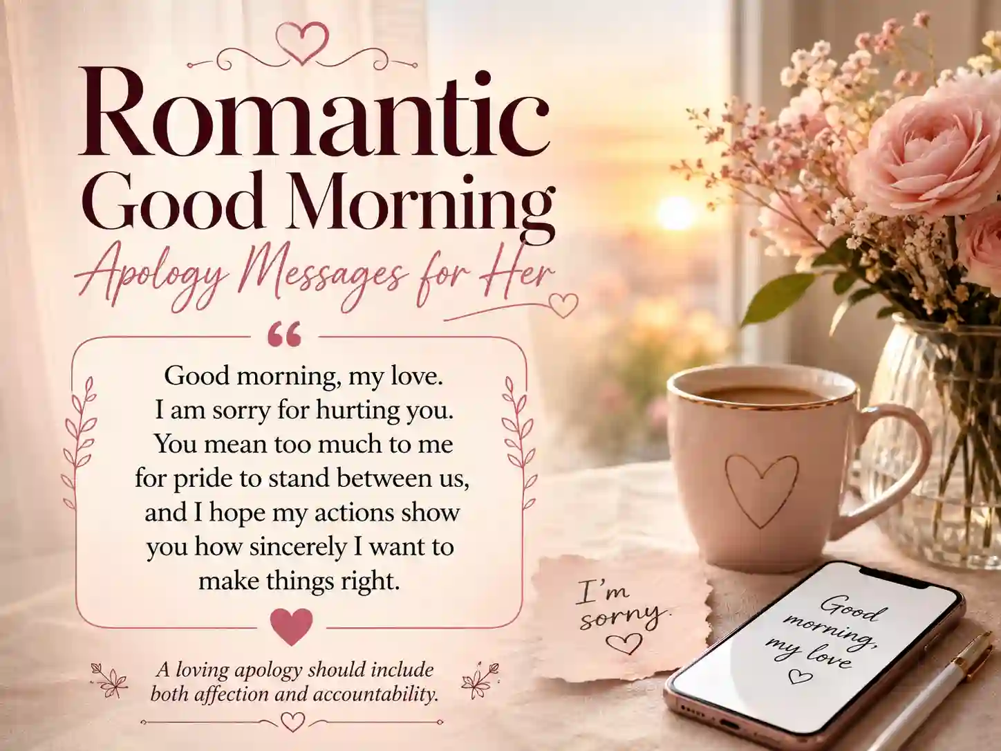 Romantic good morning apology message graphic for her with elegant overlay text