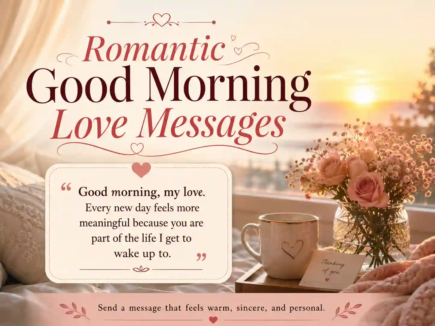 Romantic good morning love messages graphic with elegant sunrise background and stylish text overlay
